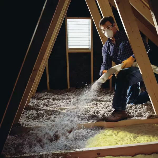 Zdjęcie mężczyzny rozpylającego izolację celulozową na podłogę strychu
